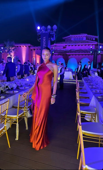 A line Halter Neckline Satin Long Prom Dress Evening Dress Formal Dress SD2182